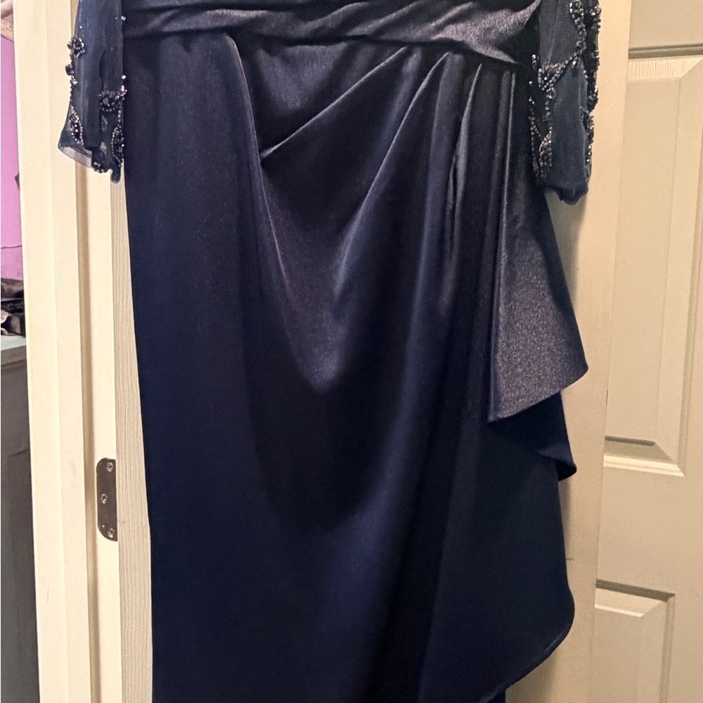 Elegant Marsoni Off-Shoulder Navy Dress with Embellished Sleeves - Picture 3 of 5